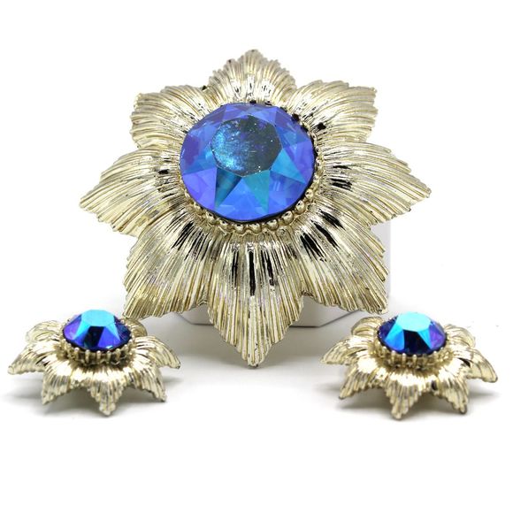 Vintage 1940s Garne Aurora Borealis Blue Swarovski Brooch Earring Jewelry Set - Picture 2 of 11